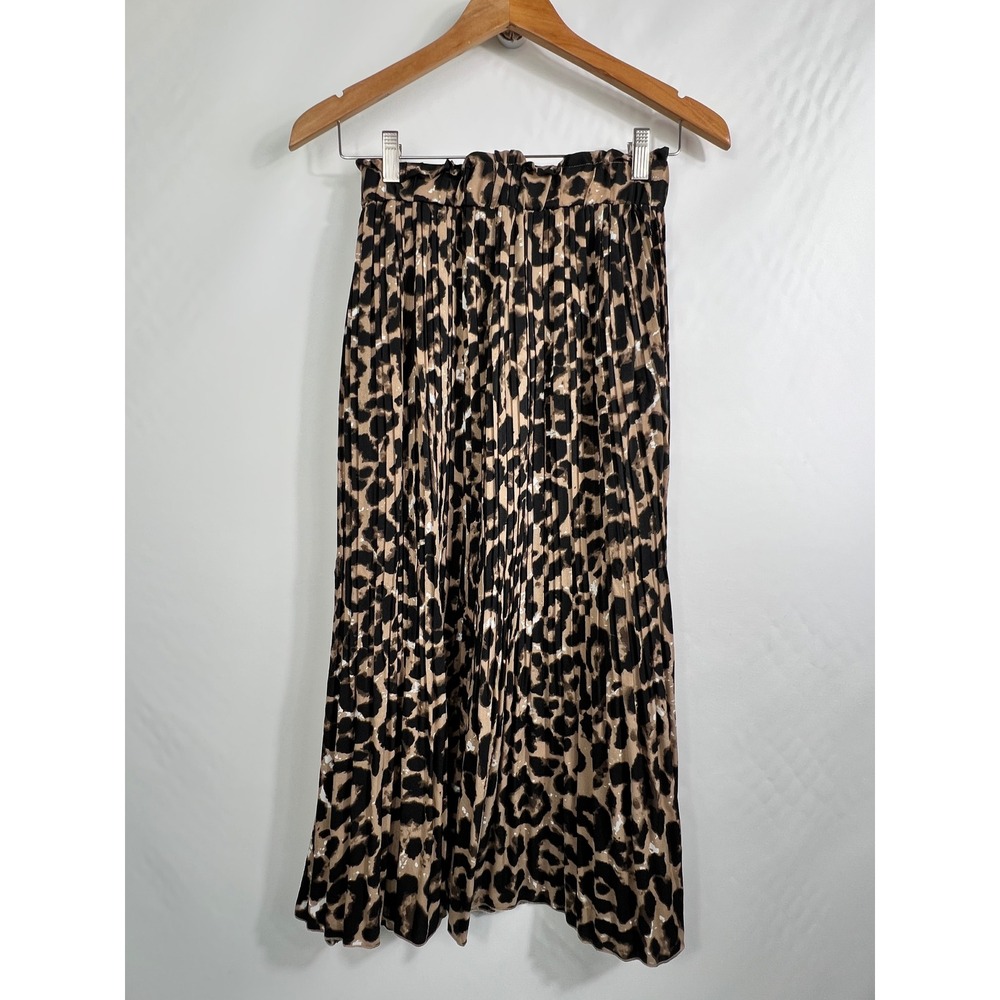 Simlu‎ Leopard Print Pleated Midi Skirt Tan Black Paperbag Waist Womens Small